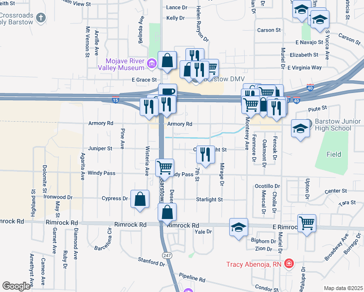 map of restaurants, bars, coffee shops, grocery stores, and more near 581 Candlelight Street in Barstow