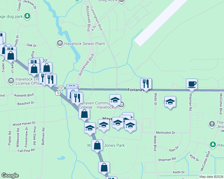 map of restaurants, bars, coffee shops, grocery stores, and more near North Carolina 101 in Havelock