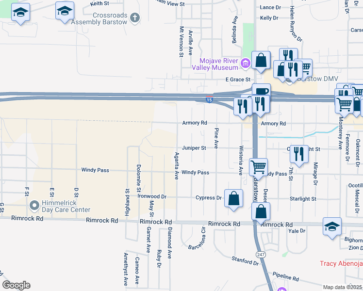 map of restaurants, bars, coffee shops, grocery stores, and more near 251 Juniper Street in Barstow