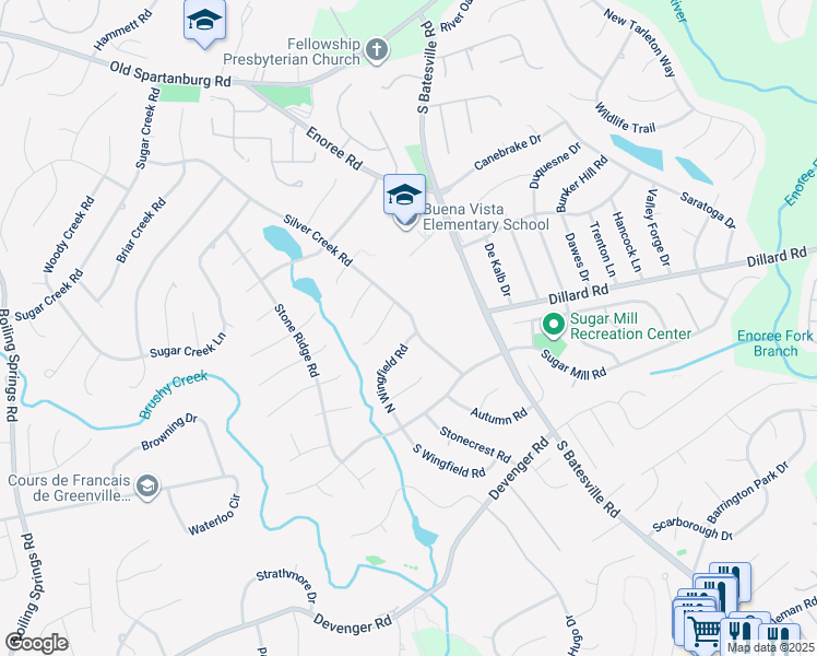 map of restaurants, bars, coffee shops, grocery stores, and more near 318 Silver Creek Road in Greer