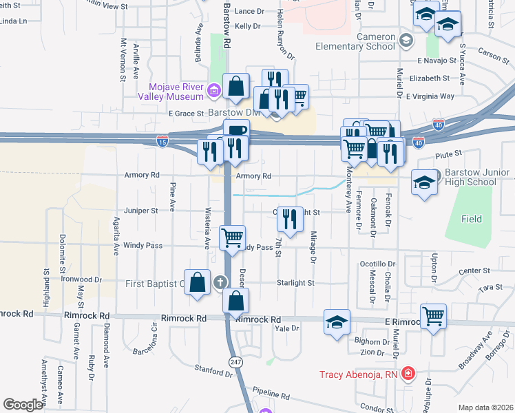 map of restaurants, bars, coffee shops, grocery stores, and more near 581 Candlelight Street in Barstow