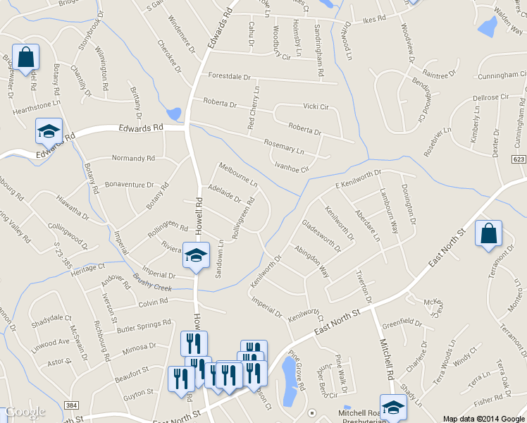 map of restaurants, bars, coffee shops, grocery stores, and more near 109 Melbourne Lane in Greenville