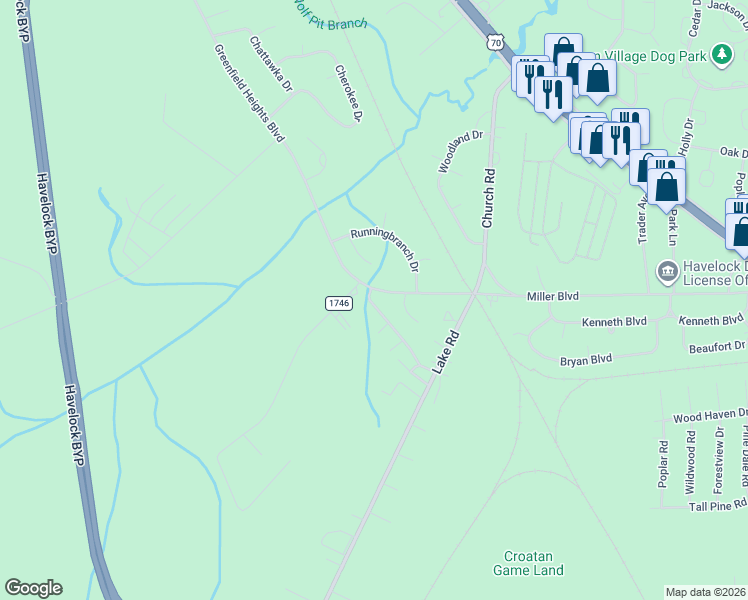 map of restaurants, bars, coffee shops, grocery stores, and more near 103 Apache Trail in Havelock