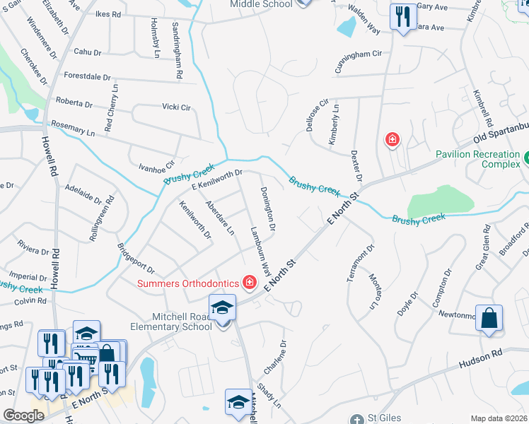 map of restaurants, bars, coffee shops, grocery stores, and more near 223 Donington Drive in Greenville