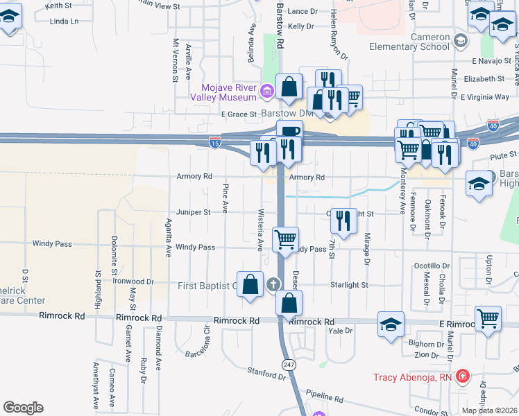 map of restaurants, bars, coffee shops, grocery stores, and more near 1120 Wisteria Avenue in Barstow