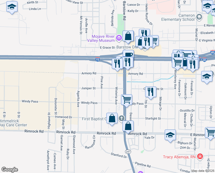 map of restaurants, bars, coffee shops, grocery stores, and more near 1060 Lotebush Lane in Barstow