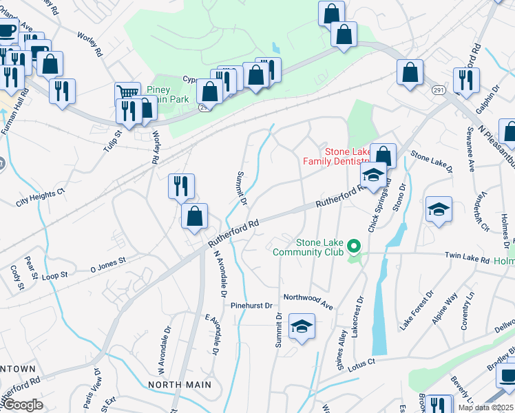 map of restaurants, bars, coffee shops, grocery stores, and more near 20 Wedgewood Drive in Greenville