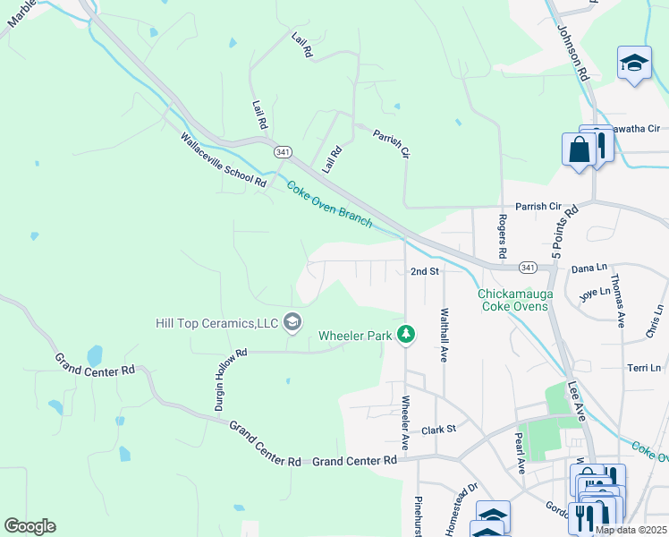 map of restaurants, bars, coffee shops, grocery stores, and more near 116 Ireland Lane in Chickamauga