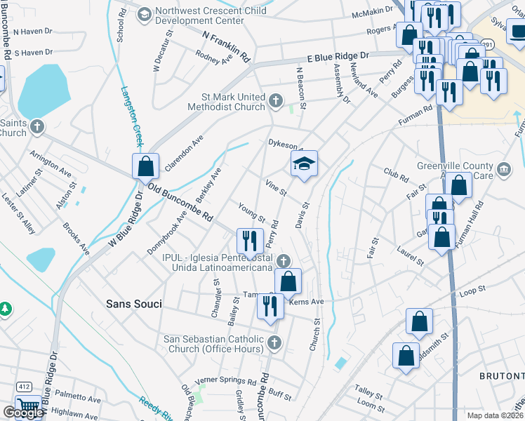 map of restaurants, bars, coffee shops, grocery stores, and more near 204 Brockman Avenue in Greenville