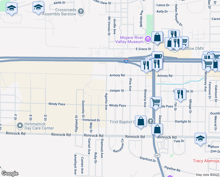 map of restaurants, bars, coffee shops, grocery stores, and more near 251 Juniper Street in Barstow