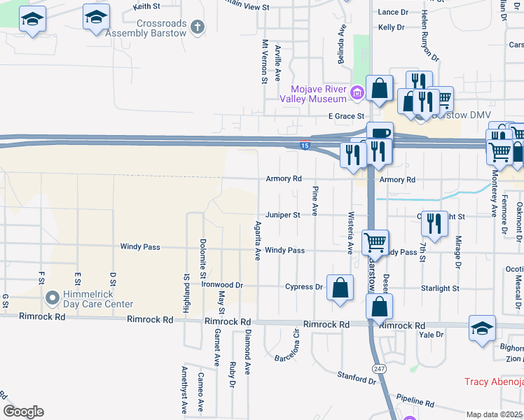 map of restaurants, bars, coffee shops, grocery stores, and more near 251 Juniper Street in Barstow