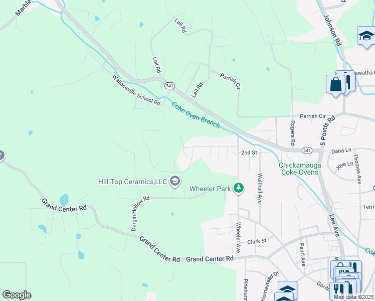 map of restaurants, bars, coffee shops, grocery stores, and more near 126 Ireland Lane in Chickamauga