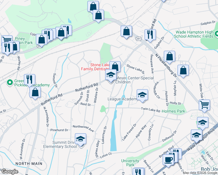 map of restaurants, bars, coffee shops, grocery stores, and more near 1132 Rutherford Road in Greenville