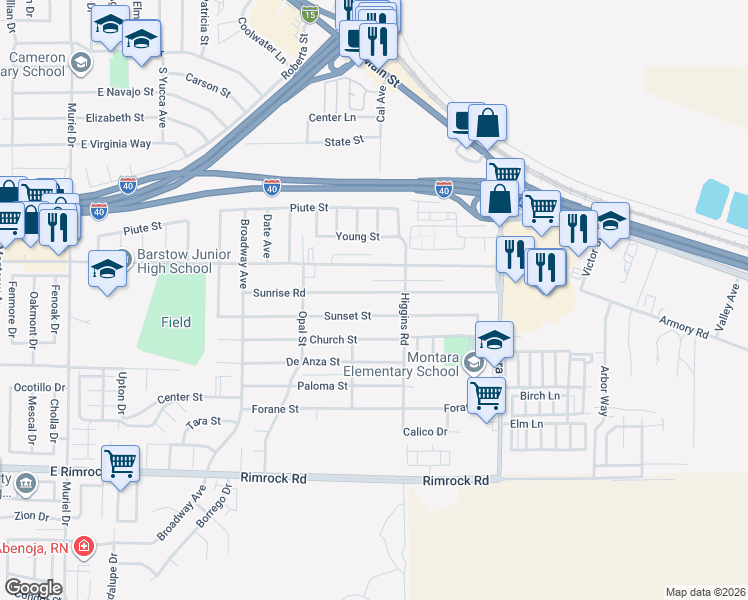 map of restaurants, bars, coffee shops, grocery stores, and more near 1733 Sunset Street in Barstow