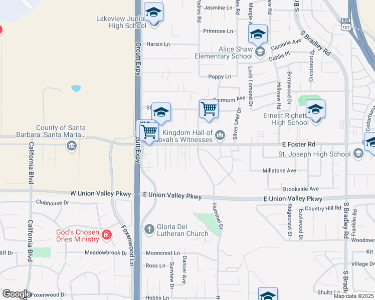 map of restaurants, bars, coffee shops, grocery stores, and more near 364 East Foster Road in Santa Maria