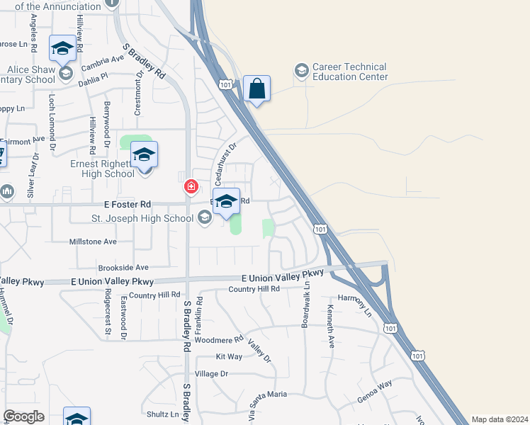 map of restaurants, bars, coffee shops, grocery stores, and more near 4127 Morning Ridge Road in Santa Maria
