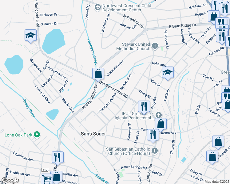 map of restaurants, bars, coffee shops, grocery stores, and more near 3201 Old Buncombe Road in Greenville