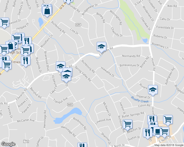 map of restaurants, bars, coffee shops, grocery stores, and more near 316 Richbourg Road in Greenville