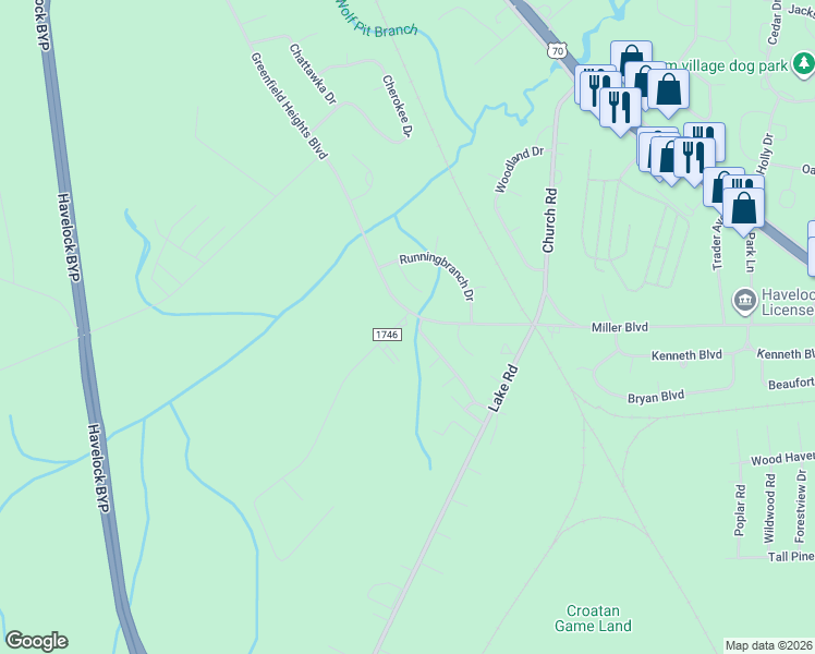 map of restaurants, bars, coffee shops, grocery stores, and more near 101 Gray Road in Havelock