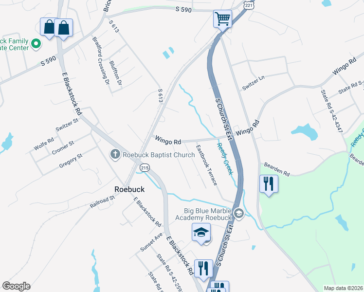 map of restaurants, bars, coffee shops, grocery stores, and more near 110 Fowler Street in Roebuck