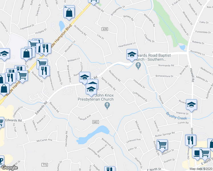 map of restaurants, bars, coffee shops, grocery stores, and more near 10 Spring Valley Road in Greenville
