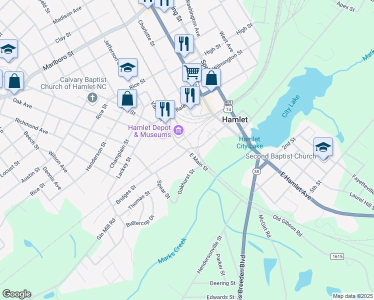 map of restaurants, bars, coffee shops, grocery stores, and more near 2 Main Street in Hamlet