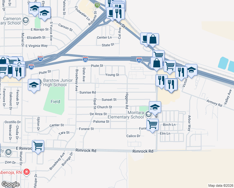 map of restaurants, bars, coffee shops, grocery stores, and more near 1733 Sunset Street in Barstow