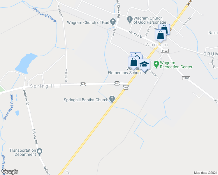 map of restaurants, bars, coffee shops, grocery stores, and more near 21800 Old Wire Road in Wagram