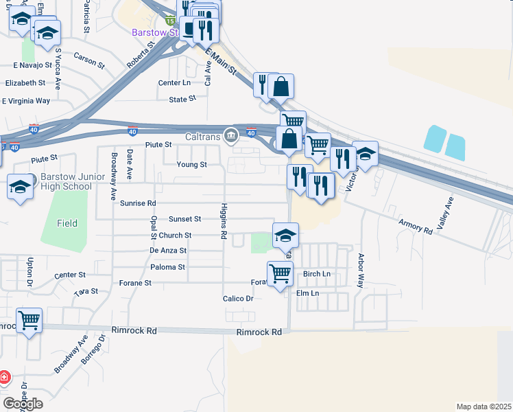 map of restaurants, bars, coffee shops, grocery stores, and more near 1844 Sunrise Road in Barstow