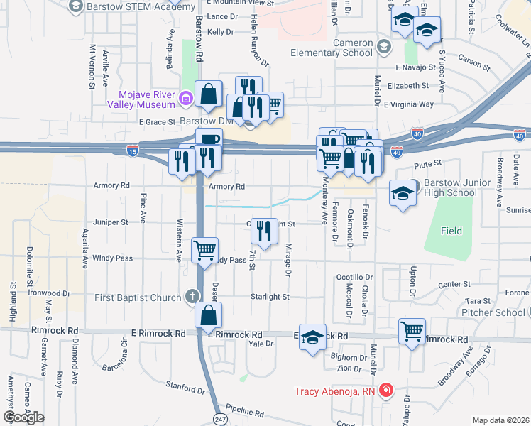 map of restaurants, bars, coffee shops, grocery stores, and more near 1050 Arroyo Drive in Barstow