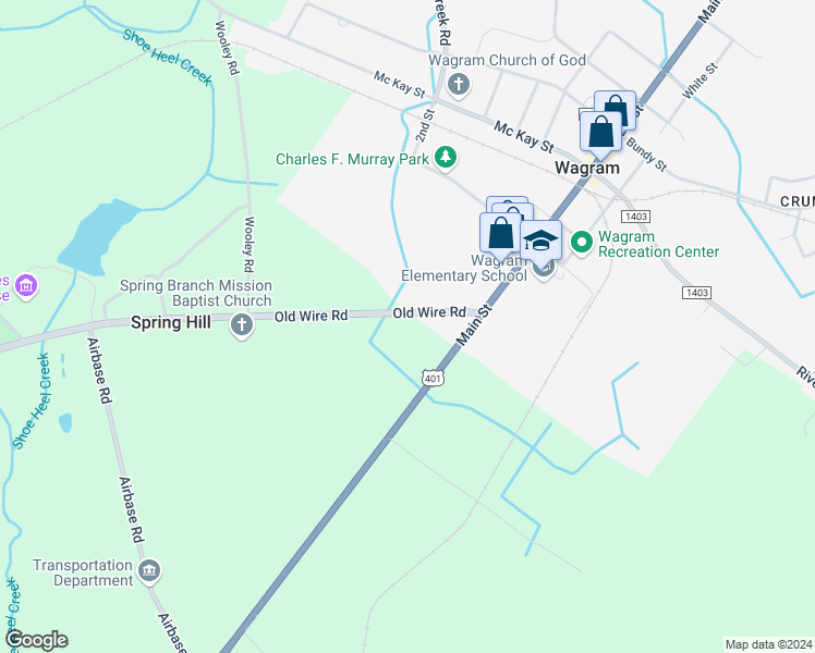 map of restaurants, bars, coffee shops, grocery stores, and more near 21800 Old Wire Road in Wagram