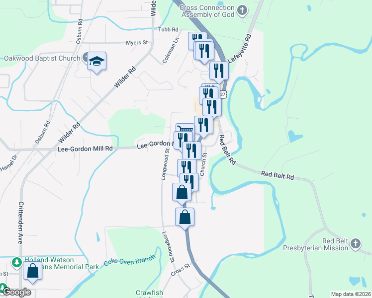 map of restaurants, bars, coffee shops, grocery stores, and more near 12797 U.S. 27 in Chickamauga