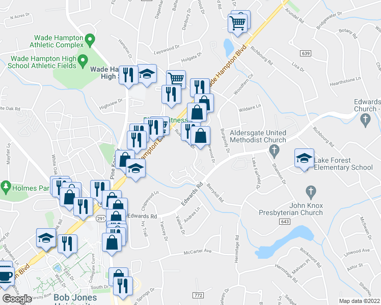 map of restaurants, bars, coffee shops, grocery stores, and more near 40 Rushmore Drive in Greenville