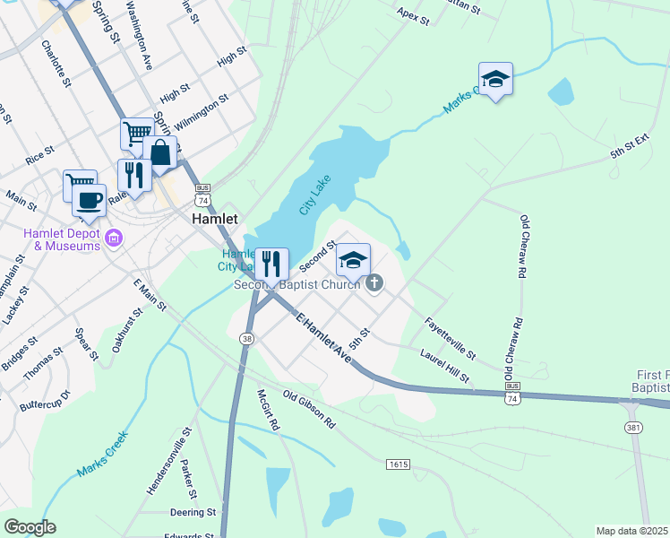 map of restaurants, bars, coffee shops, grocery stores, and more near 404 3rd St in Hamlet