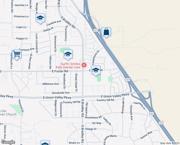 map of restaurants, bars, coffee shops, grocery stores, and more near 1132 East Foster Road in Santa Maria