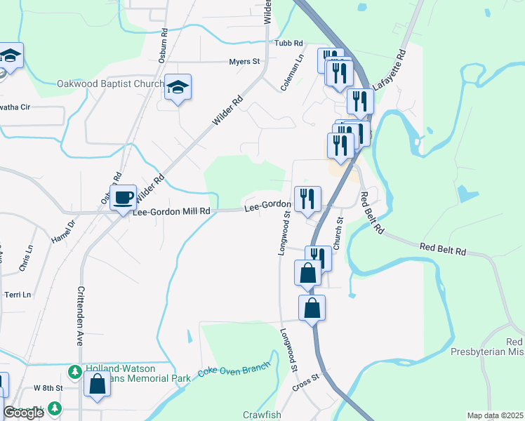 map of restaurants, bars, coffee shops, grocery stores, and more near 102 Longwood Street in Chickamauga