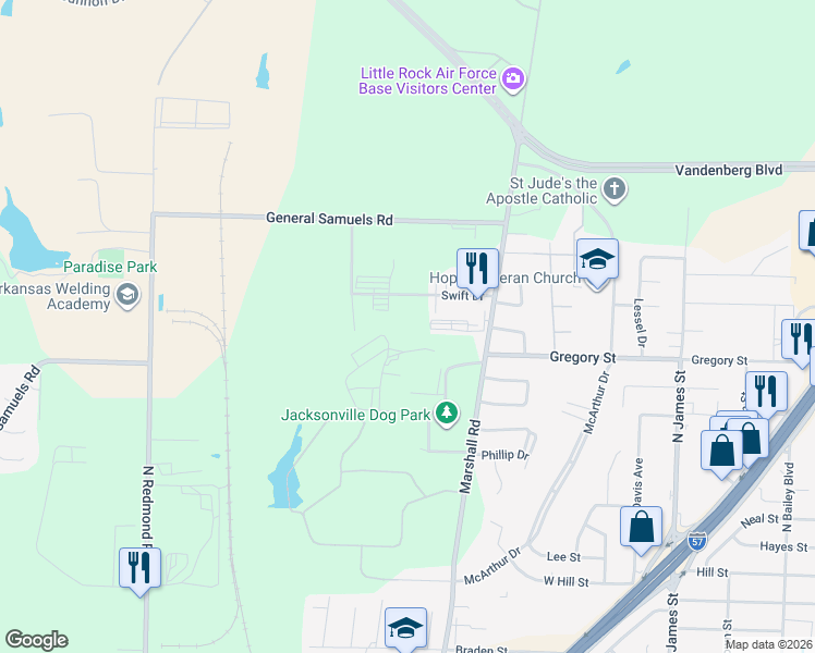 map of restaurants, bars, coffee shops, grocery stores, and more near 1804 Marshall Road in Jacksonville