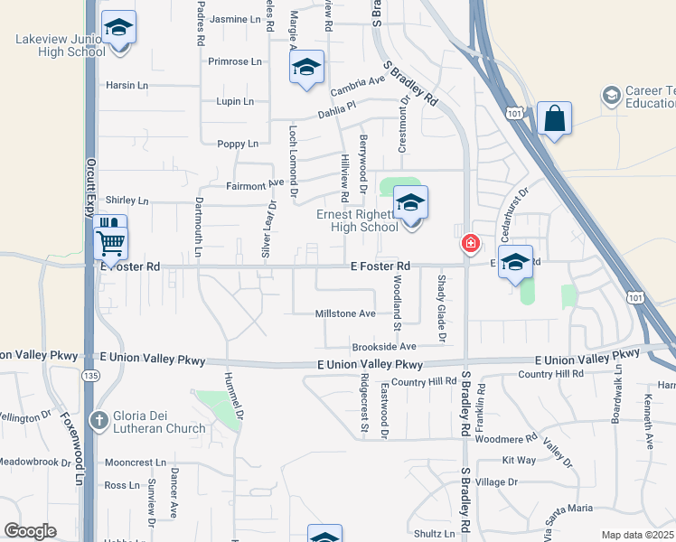 map of restaurants, bars, coffee shops, grocery stores, and more near 834 East Foster Road in Santa Maria