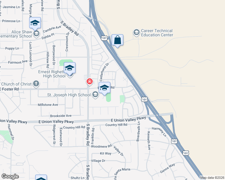 map of restaurants, bars, coffee shops, grocery stores, and more near 1174 East Foster Road in Santa Maria