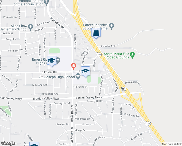 map of restaurants, bars, coffee shops, grocery stores, and more near 1174 East Foster Road in Santa Maria
