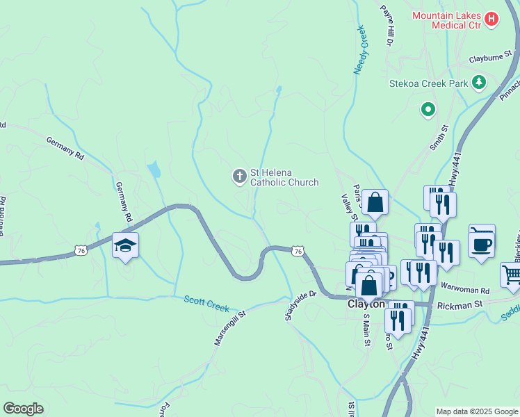 map of restaurants, bars, coffee shops, grocery stores, and more near 56 Meadow Stream Lane in Clayton