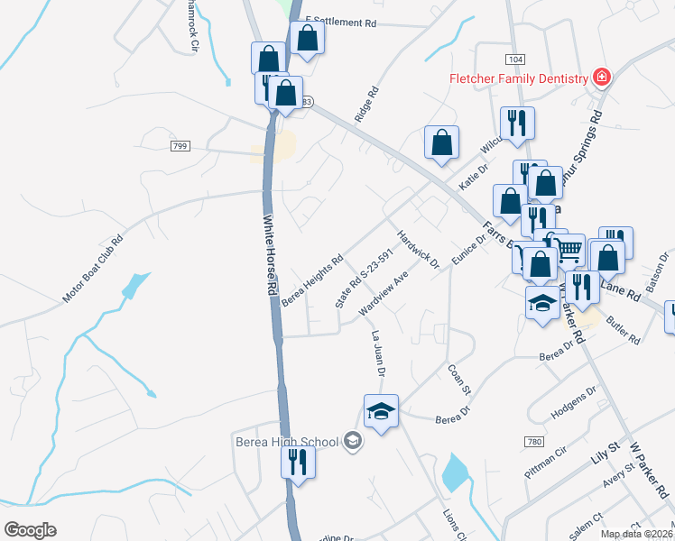 map of restaurants, bars, coffee shops, grocery stores, and more near 106 Berea Heights Road in Greenville