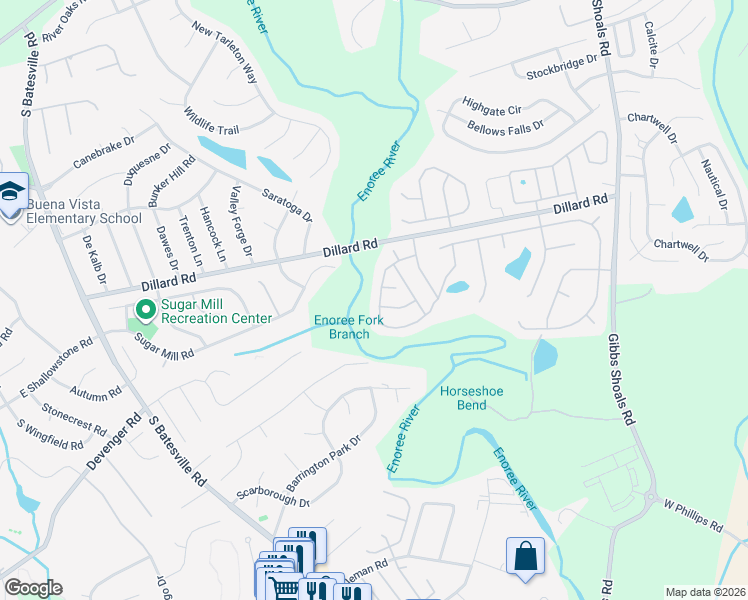 map of restaurants, bars, coffee shops, grocery stores, and more near 30 Reddington Drive in Greer