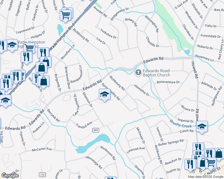 map of restaurants, bars, coffee shops, grocery stores, and more near 10 Spring Valley Road in Greenville
