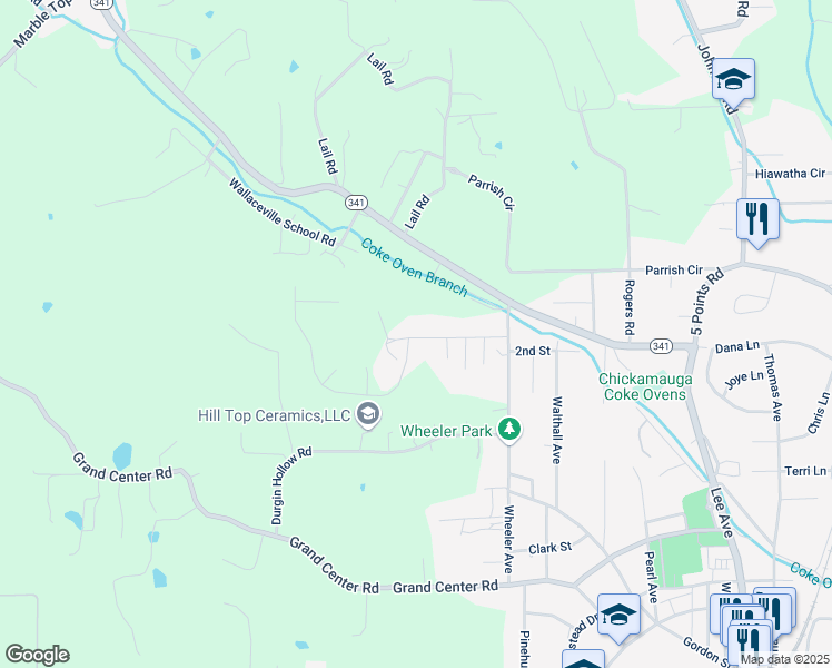 map of restaurants, bars, coffee shops, grocery stores, and more near 116 Ireland Lane in Chickamauga