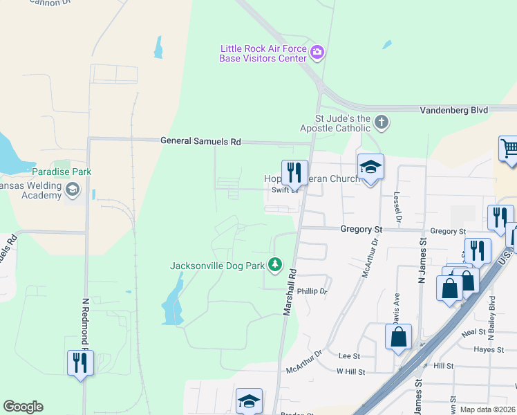map of restaurants, bars, coffee shops, grocery stores, and more near 1804 Marshall Road in Jacksonville