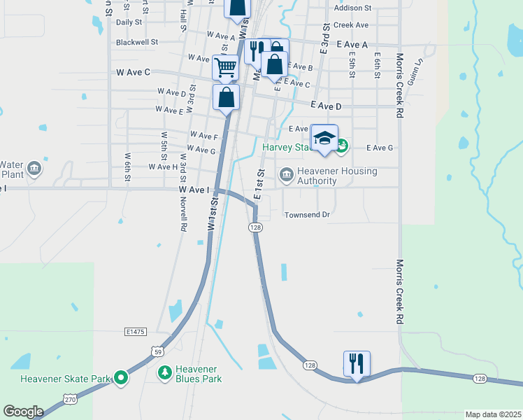 map of restaurants, bars, coffee shops, grocery stores, and more near 104 Oklahoma 128 in Heavener