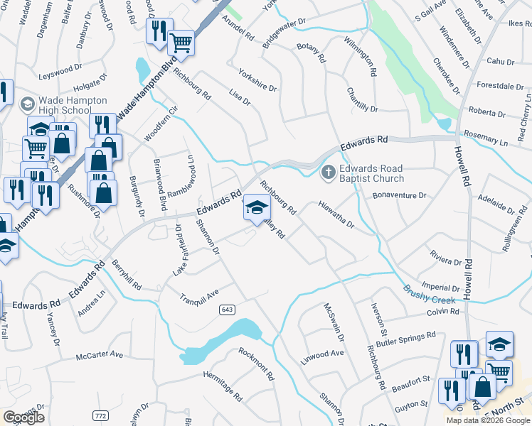 map of restaurants, bars, coffee shops, grocery stores, and more near 10 Spring Valley Road in Greenville