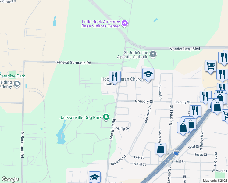 map of restaurants, bars, coffee shops, grocery stores, and more near 1804 Marshall Road in Jacksonville