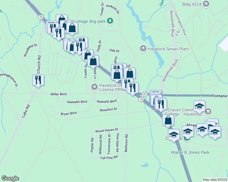 map of restaurants, bars, coffee shops, grocery stores, and more near 112 Miller Boulevard in Havelock